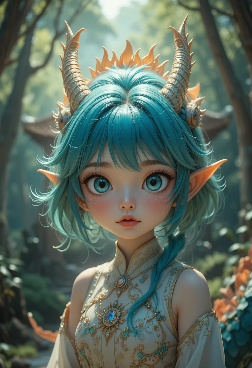 Chibi-Anime-Mädchen mit goldenem Haar vor einem sich verbeugenden Drachen