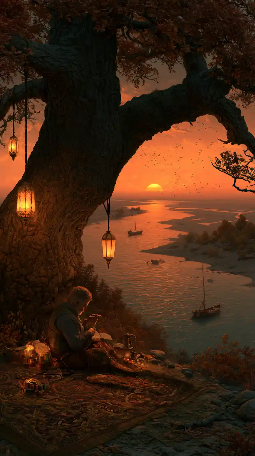 Old artisan sewing by a riverside oak at sunset