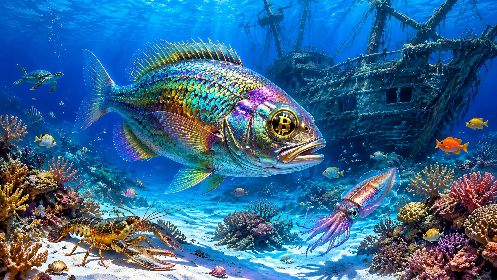Colorful fish with bitcoin eye swimming over coral reef