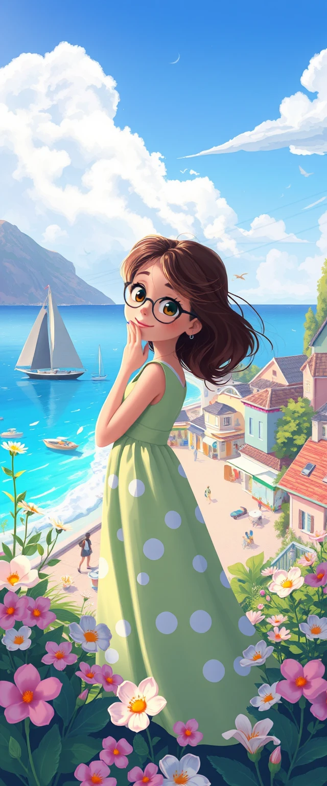 Pintoresco Pueblo Costero en Tonos Pastel con Estilo Inspirado en Pixar