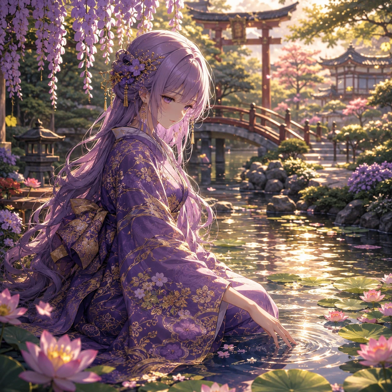 Chica de anime junto a un estanque tranquilo en un jardín japonés