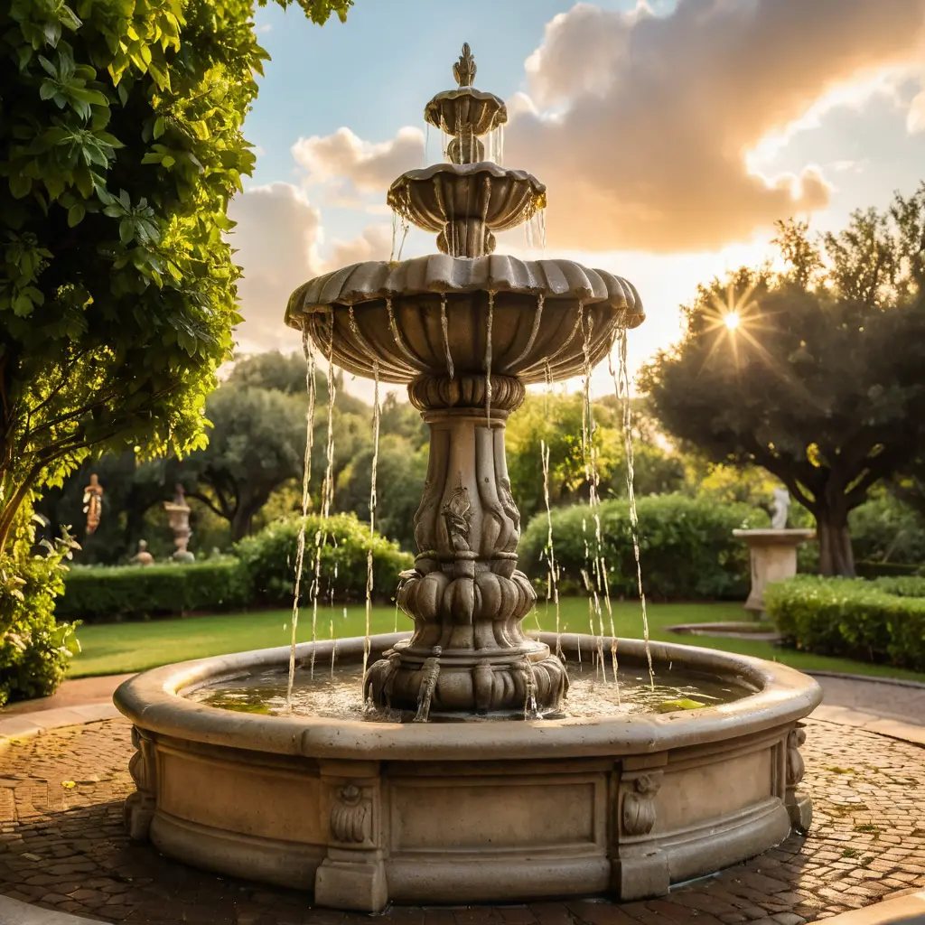 Encanto de fuente italiana ornamentada brillando en un exuberante jardín verde