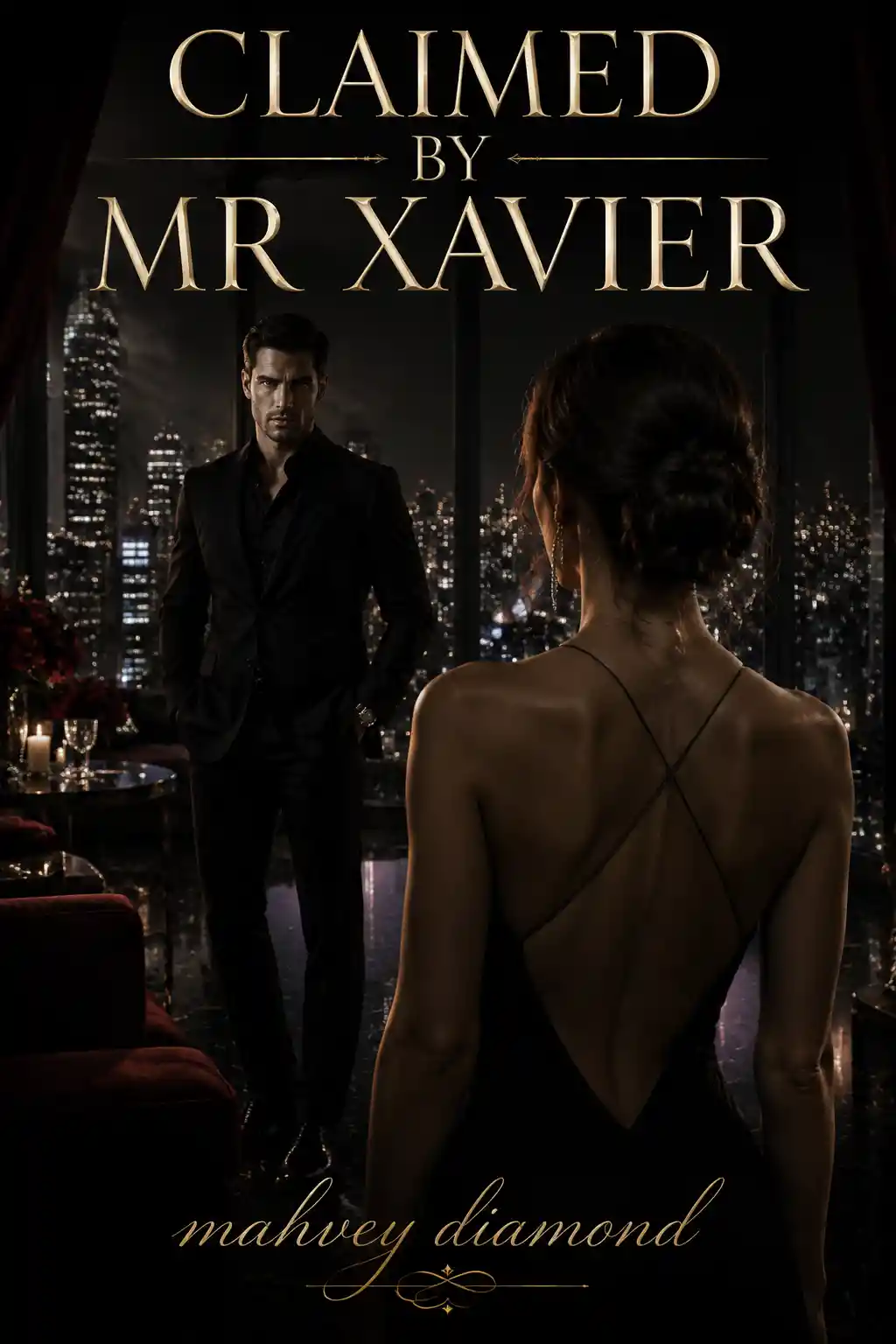 Elegant couple in tense standoff in luxury penthouse at night