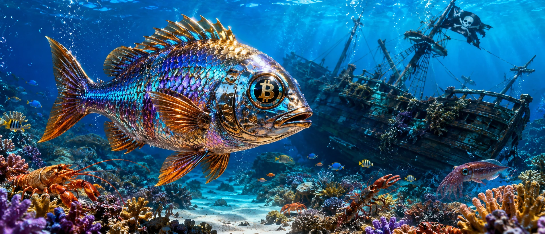 Bunter metallischer Fisch mit Bitcoin-Auge über einem Korallenriff