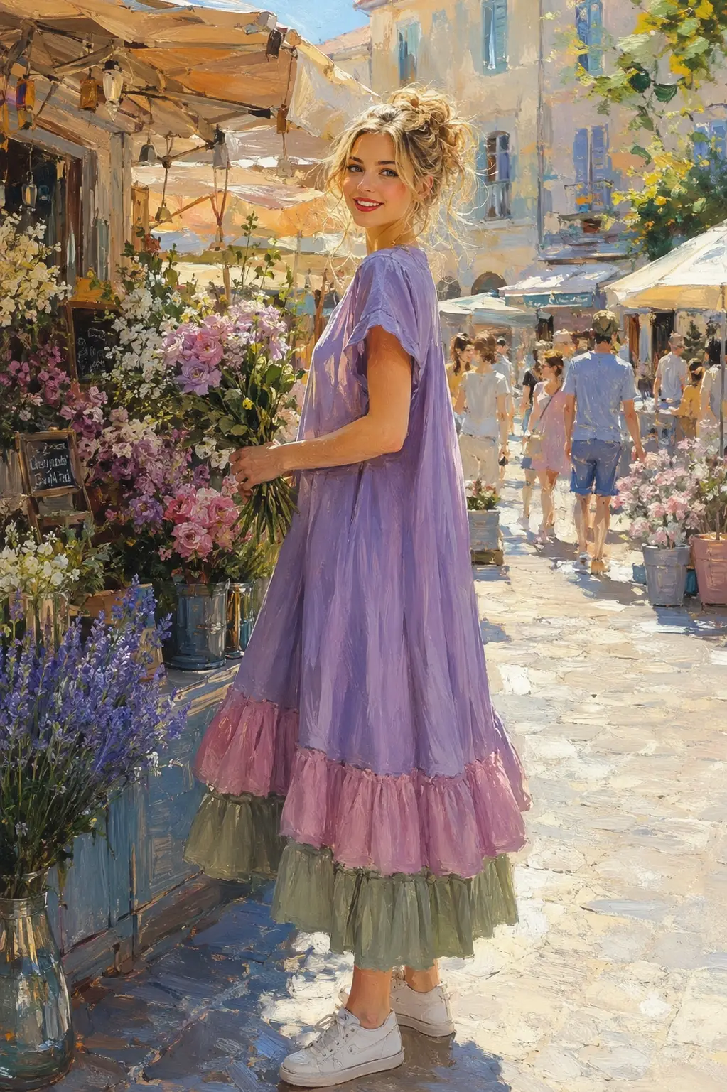 Mujer rubia comprando flores en un puesto callejero de verano