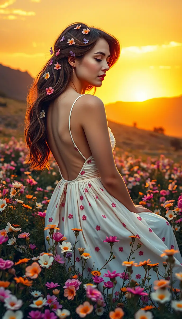 Joven arrodillada en un campo de flores silvestres al atardecer