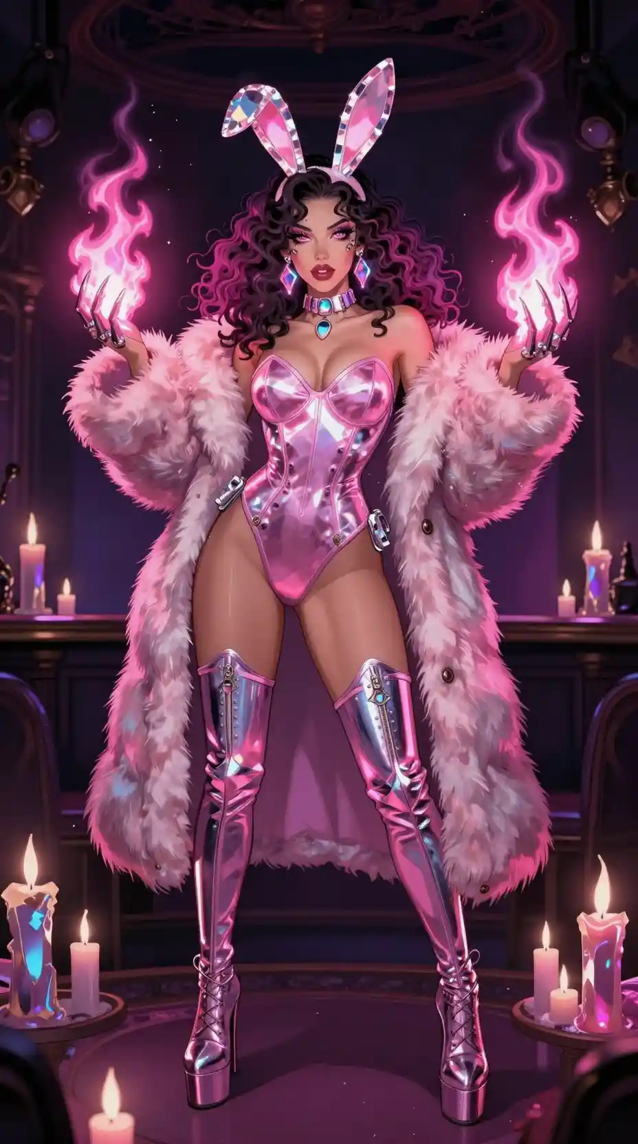 Bruja cibernética lanzando fuego rosa en un club nocturno oculto