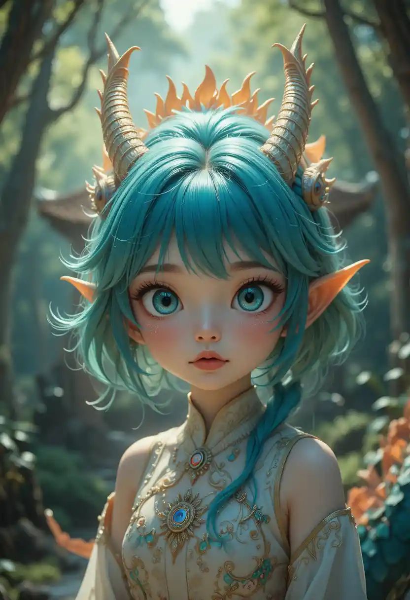 Chibi-Anime-Mädchen mit goldenem Haar vor einem sich verbeugenden Drachen