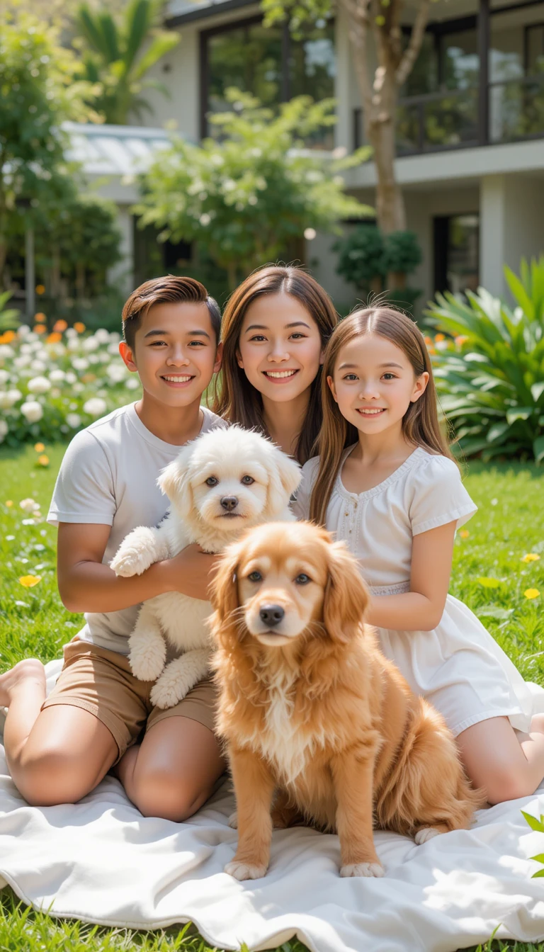 Madre feliz con sus hijos y perros en un jardín soleado