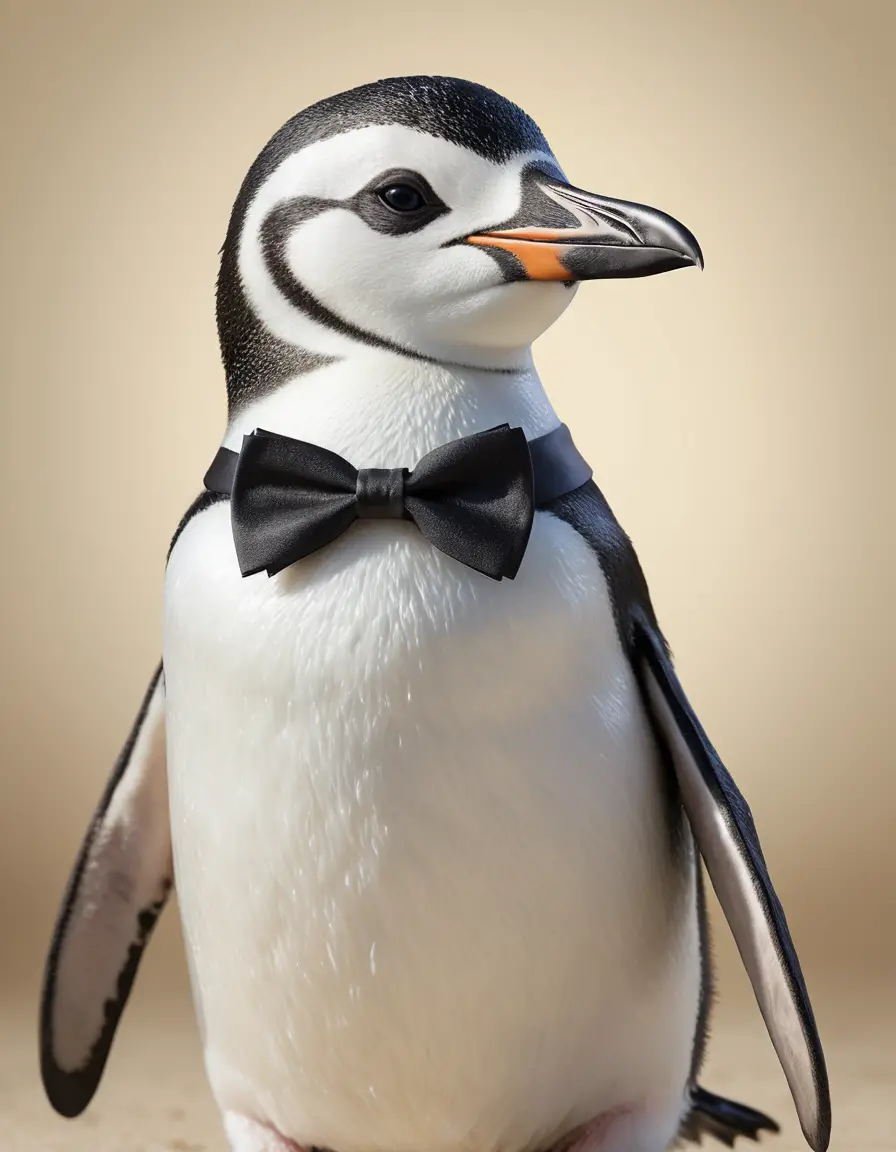 Elegant penguin wearing a bow tie in cinematic portrait