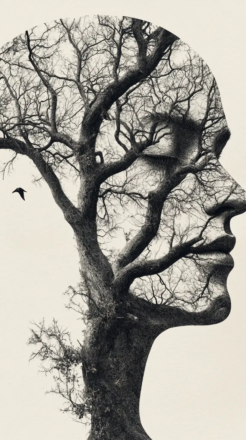 Silueta Humana Surreal Construida con Árboles Ramificados y Pájaros