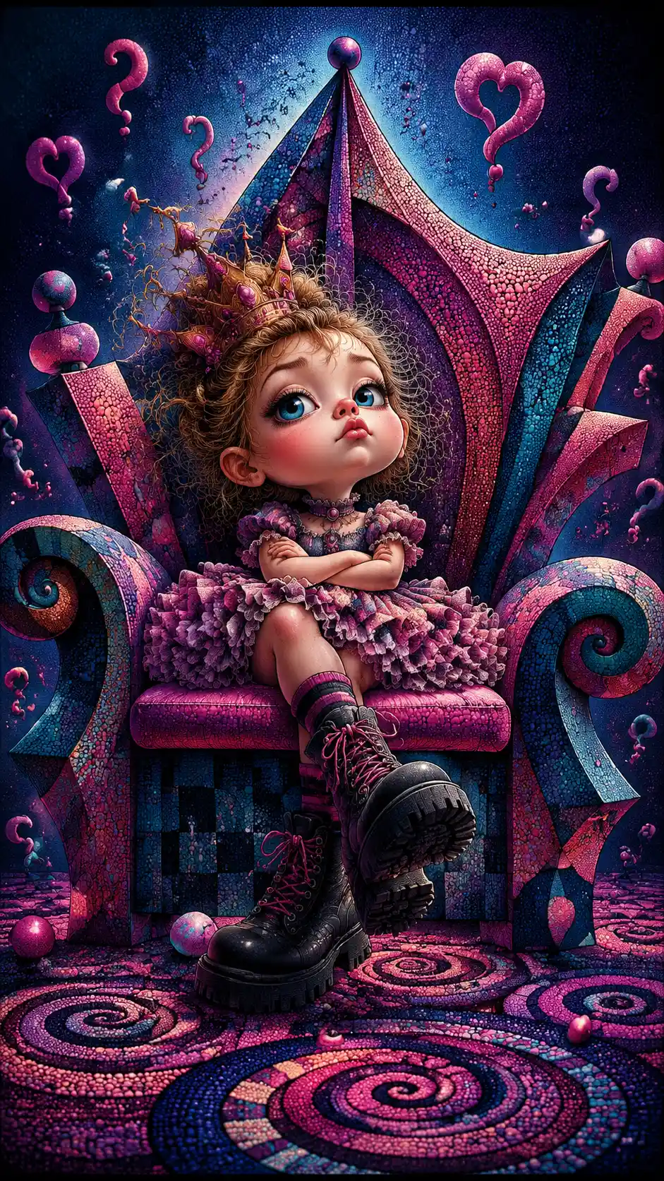 Pequeña princesa en un trono de juguete surrealista