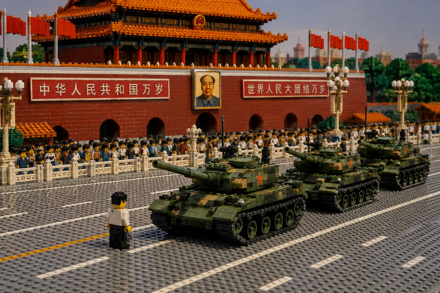 Tanque en una plaza de la ciudad construido con diminutos ladrillos de plástico