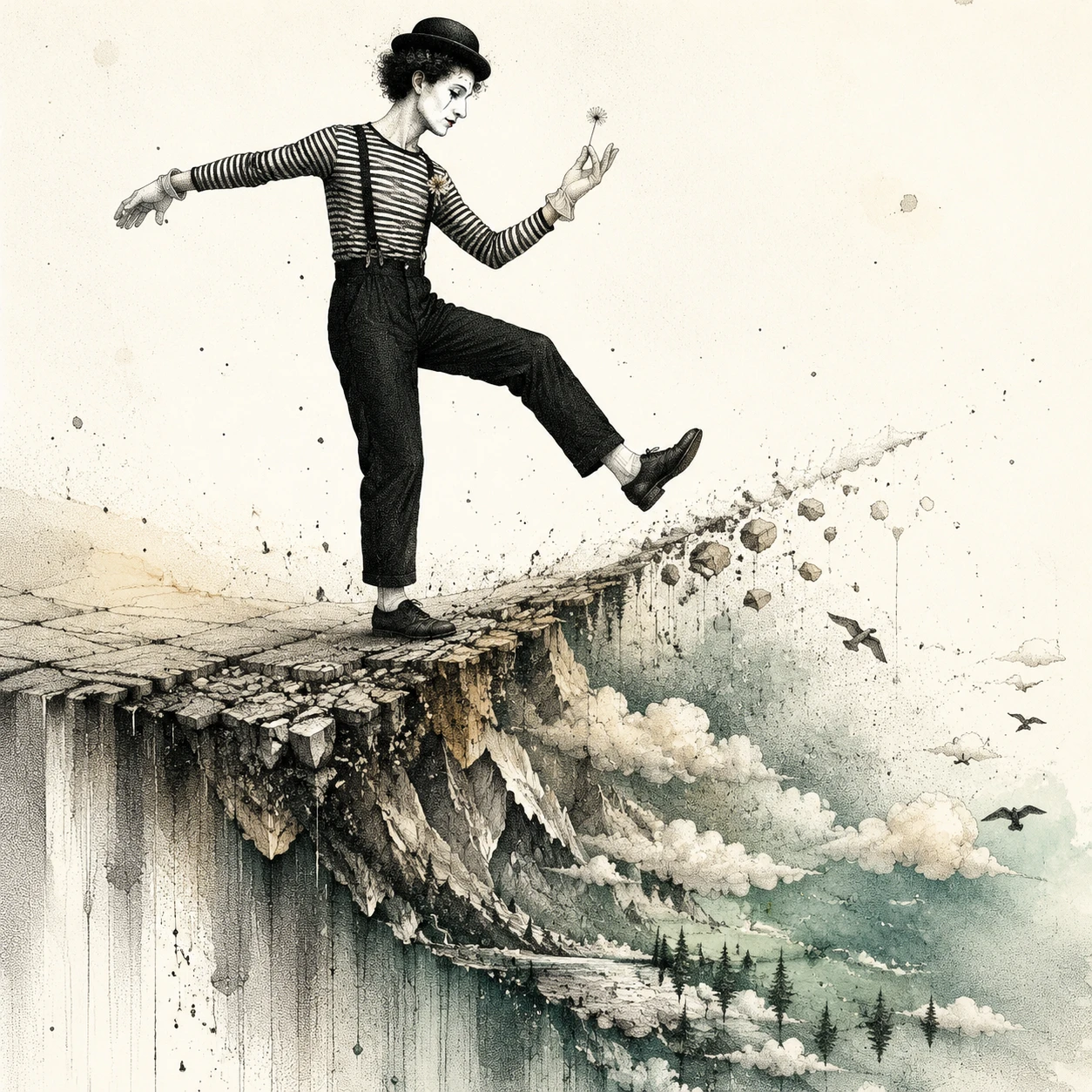 Surreal mime woman lifting her foot above falling earth