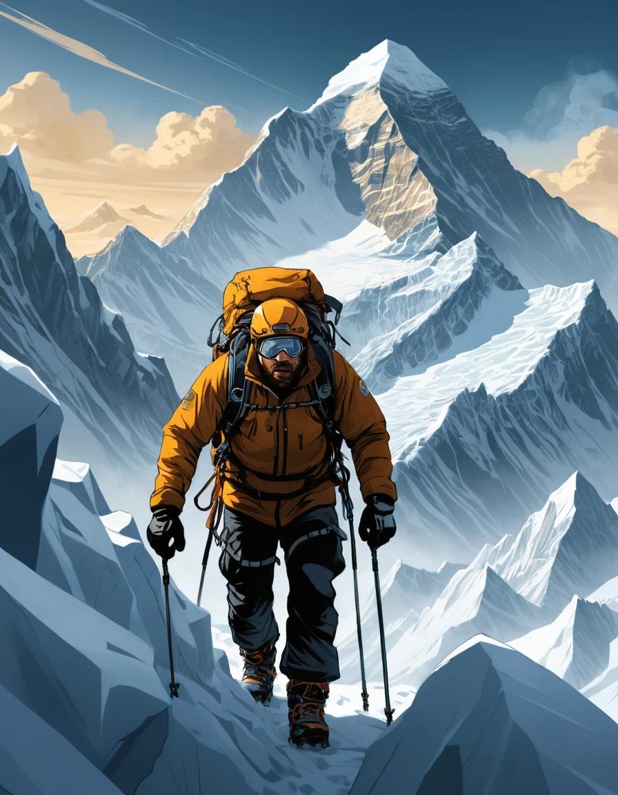 Montañero escalando una arista nevada en el Everest al amanecer