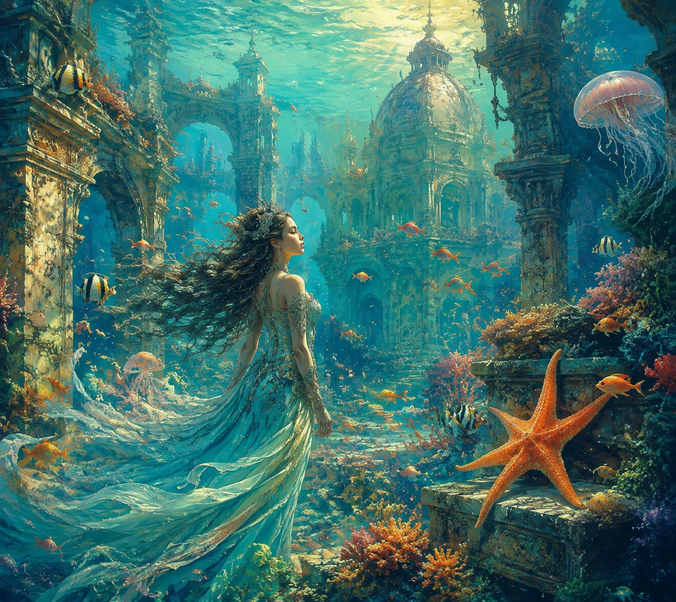Princesa submarina caminando por un palacio oceánico en ruinas