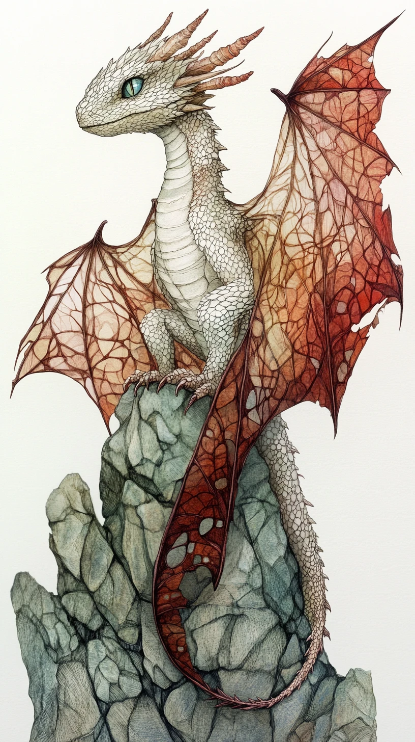 Tiny ancient dragon with leaf wings on fractured stone