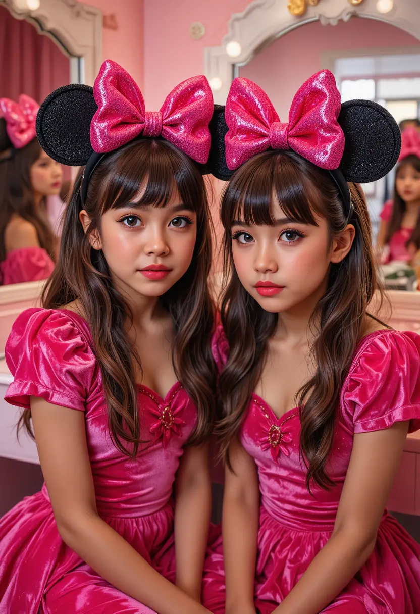 Chicos preadolescentes nerviosos con disfraces rosas de Minnie Mouse frente al tocador