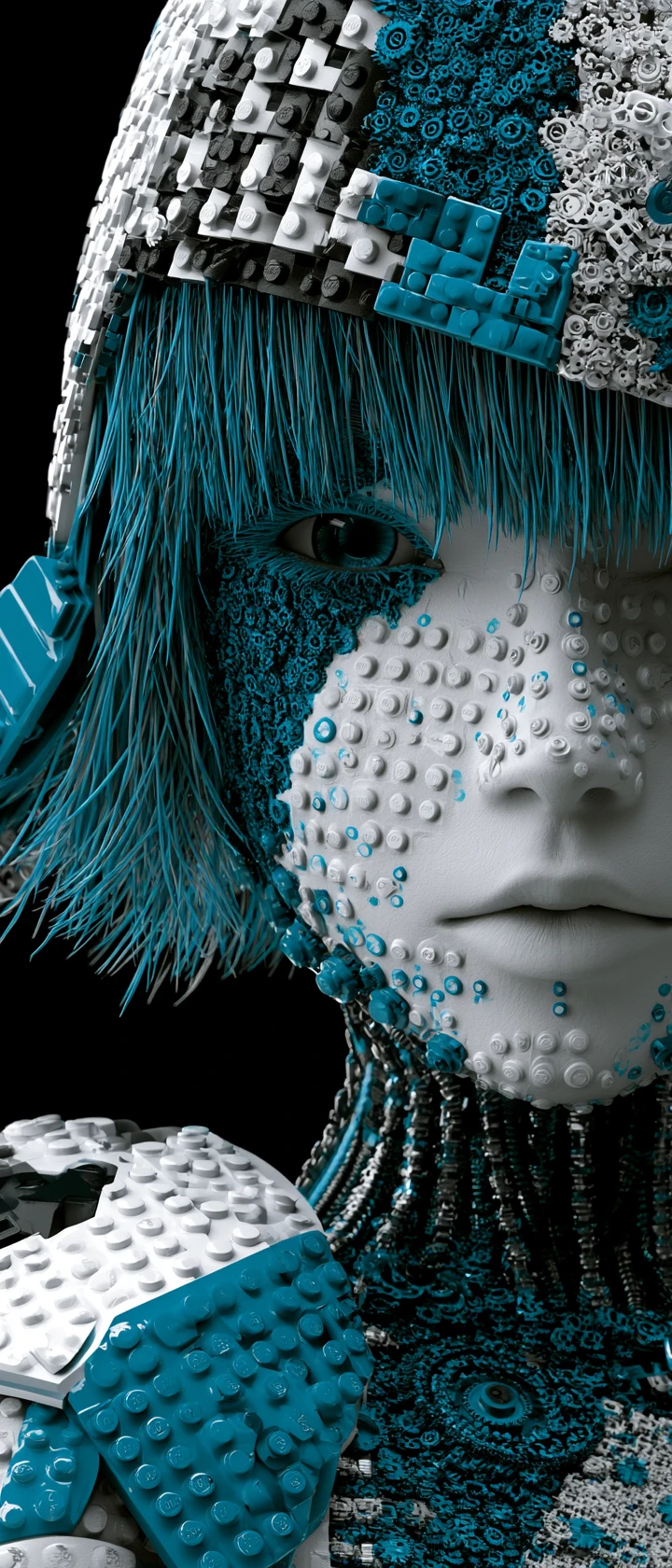 Primer plano de mujer ciborg de anime con rostro de ladrillos mecánicos