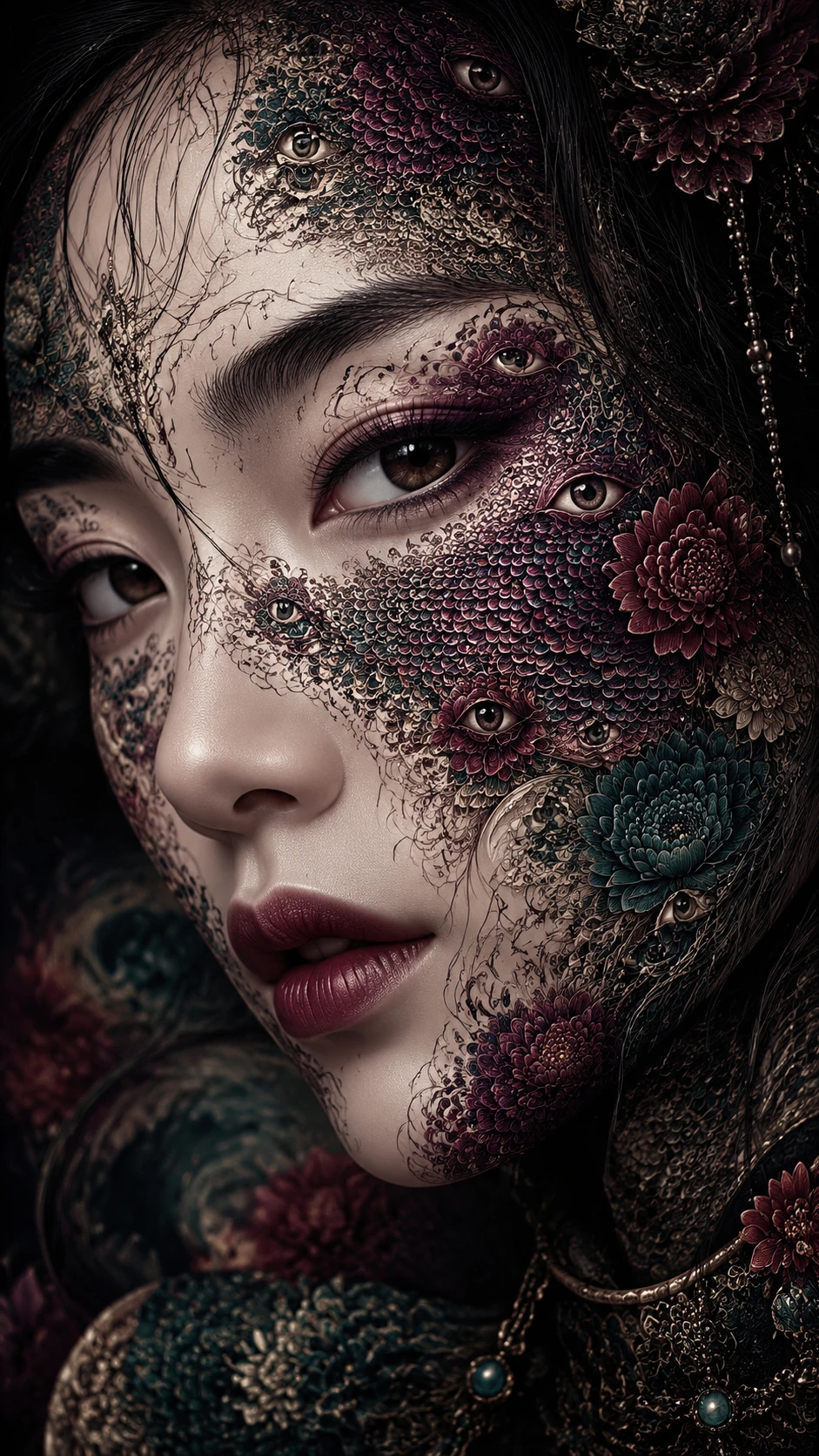 Retrato surreal en primer plano con ojos ornamentales y flores