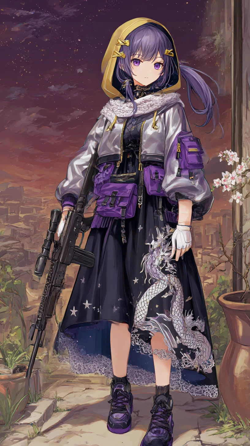 Chica de anime con rifle en una zona de guerra urbana en llamas
