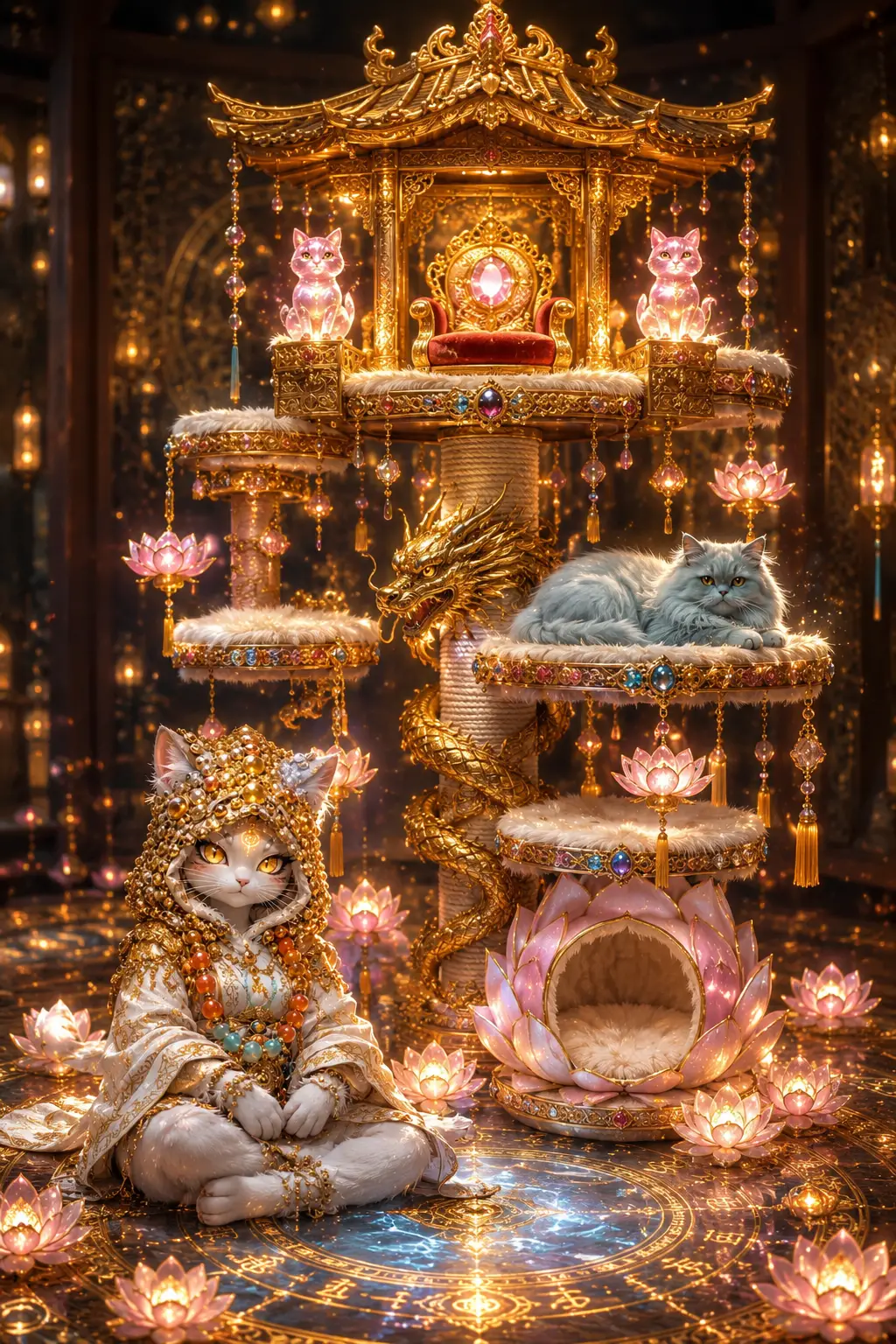 Personaje encapuchado y árbol para gatos de loto en un palacio de fantasía