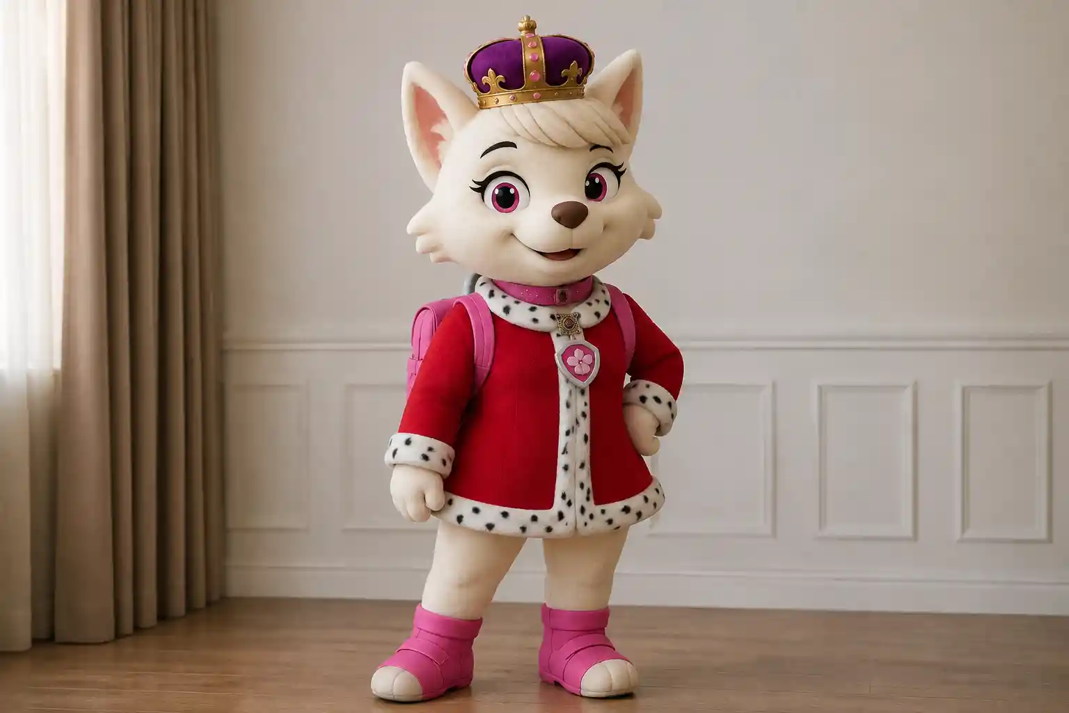 Dog mascot princess standing in a full body widescreen frame