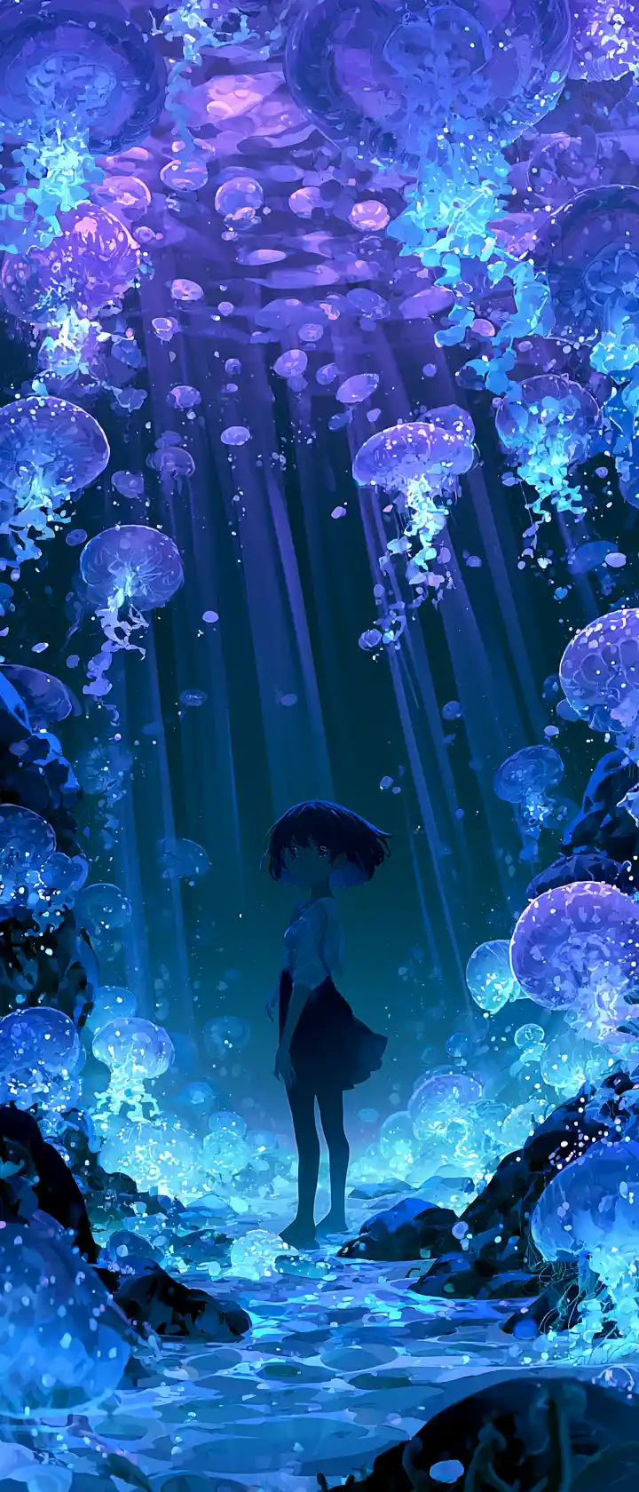 Figura de anime acuática con criaturas marinas bioluminiscentes brillantes
