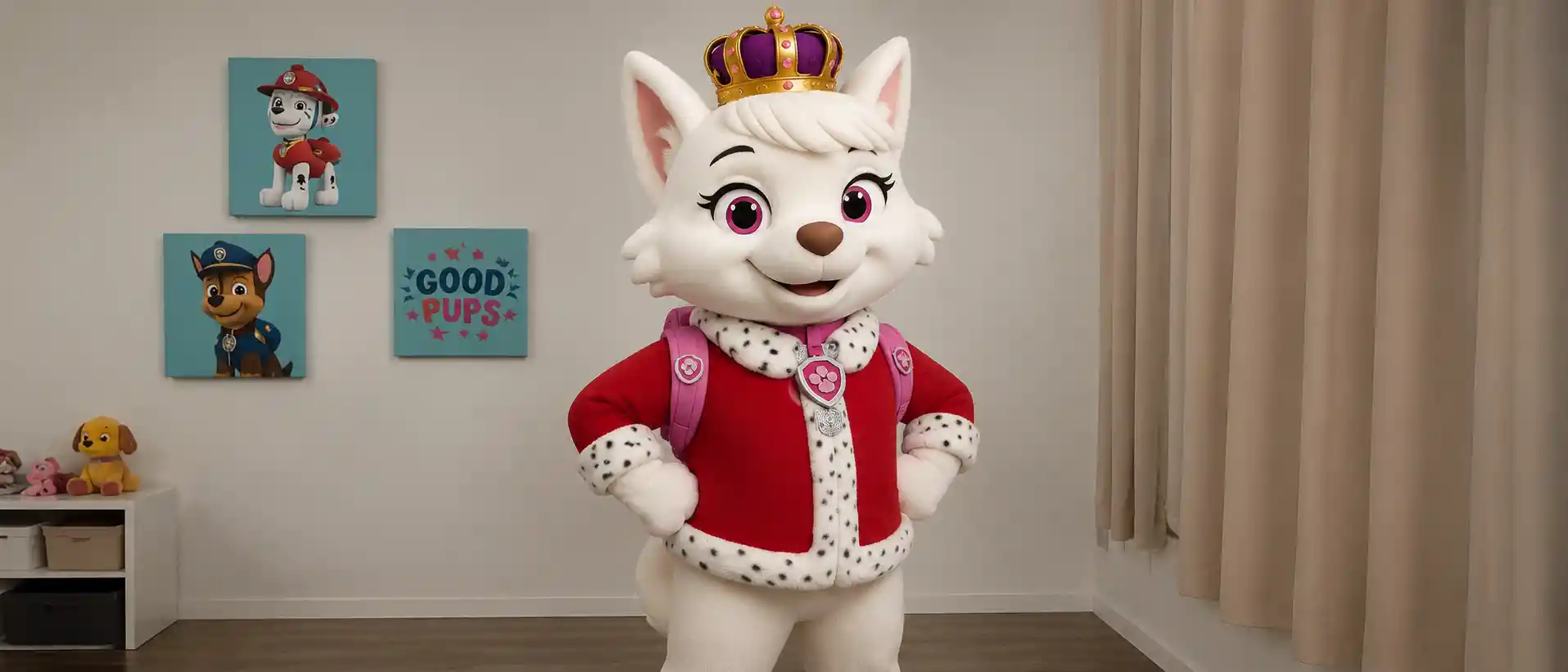 Dog mascot princess wearing a crown and pup gear in frame