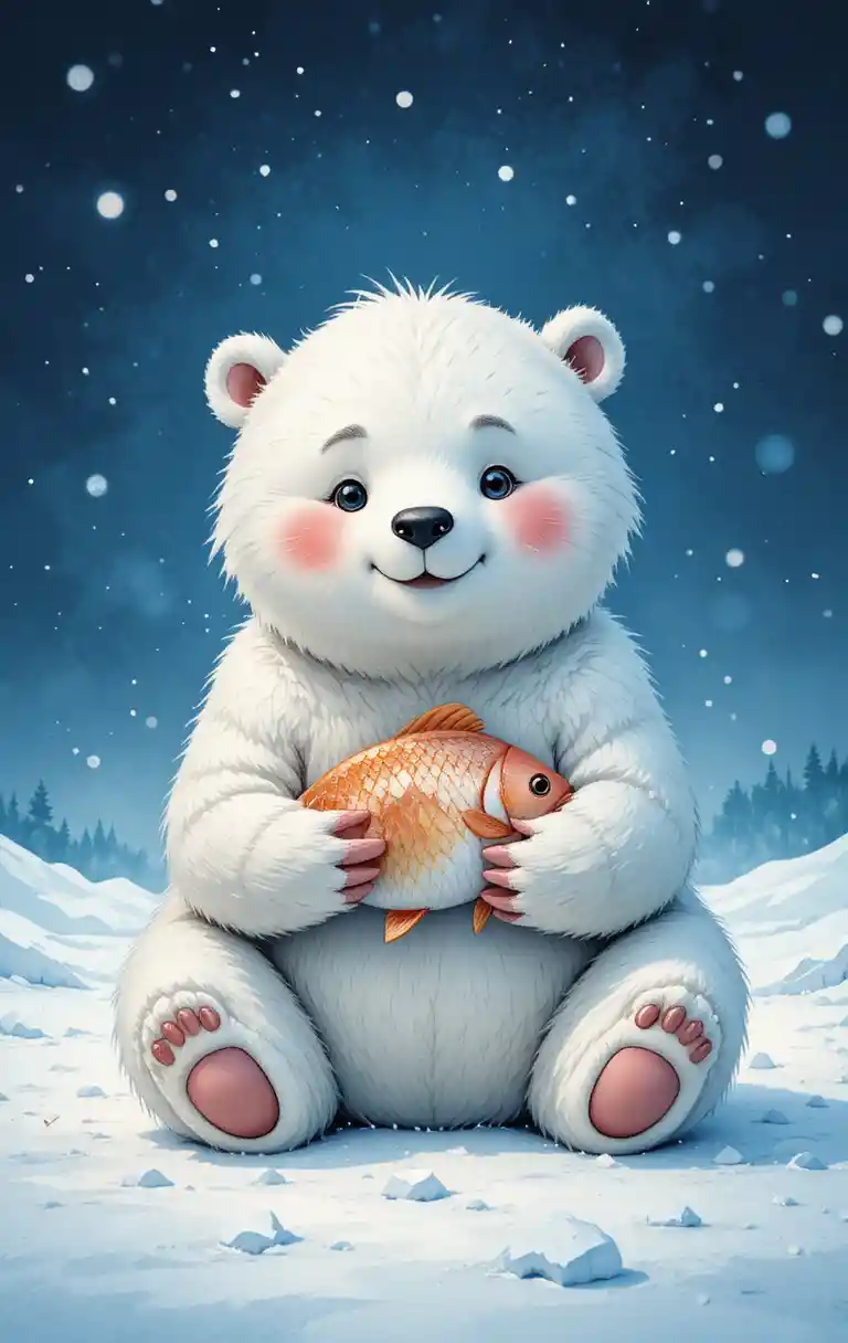 Oso polar tierno sosteniendo un pez en una nevada escena invernal