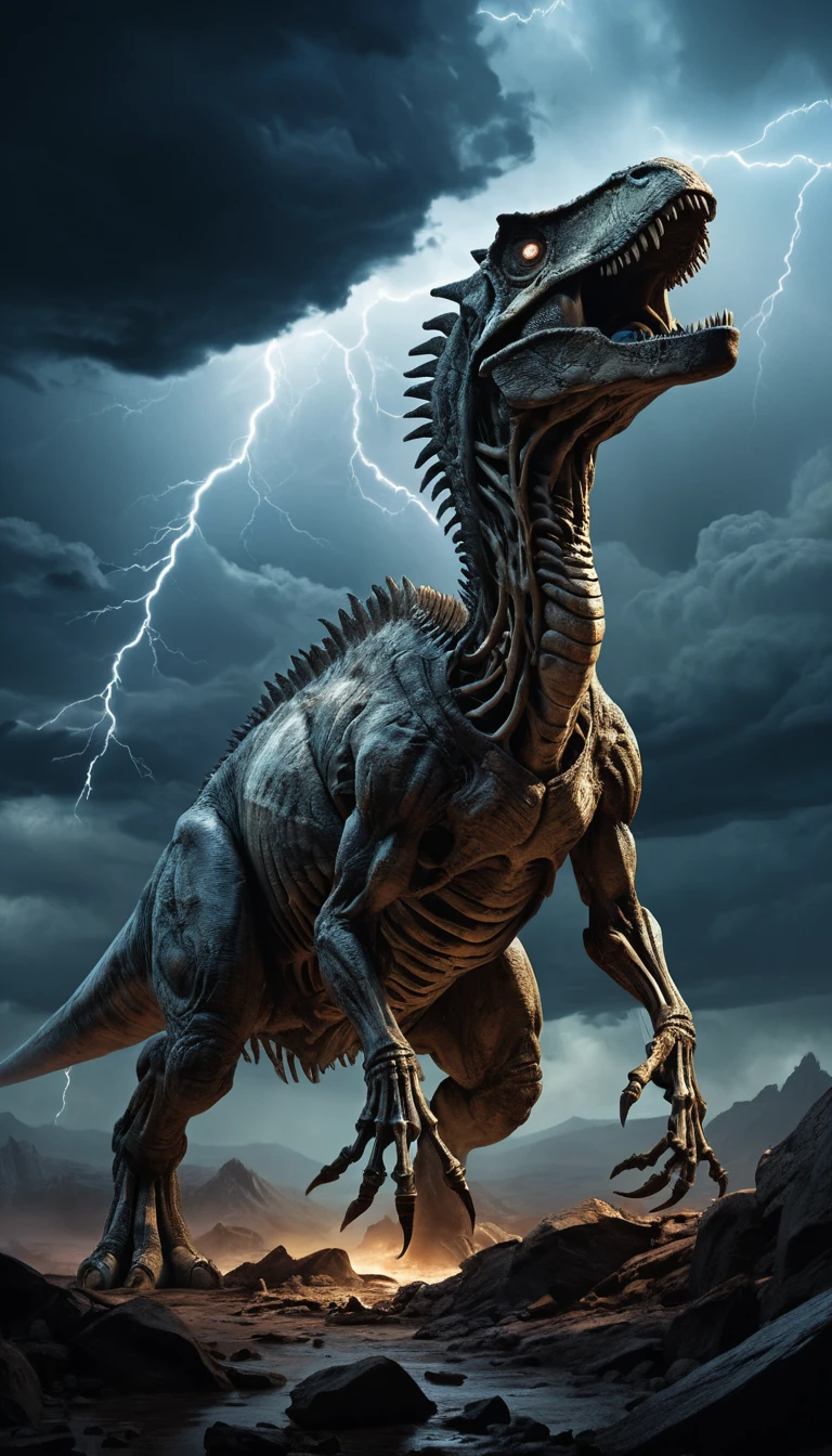 Antico Fossile di Dinosauro Illuminato da un Fulmine in una Notte Tempestosa