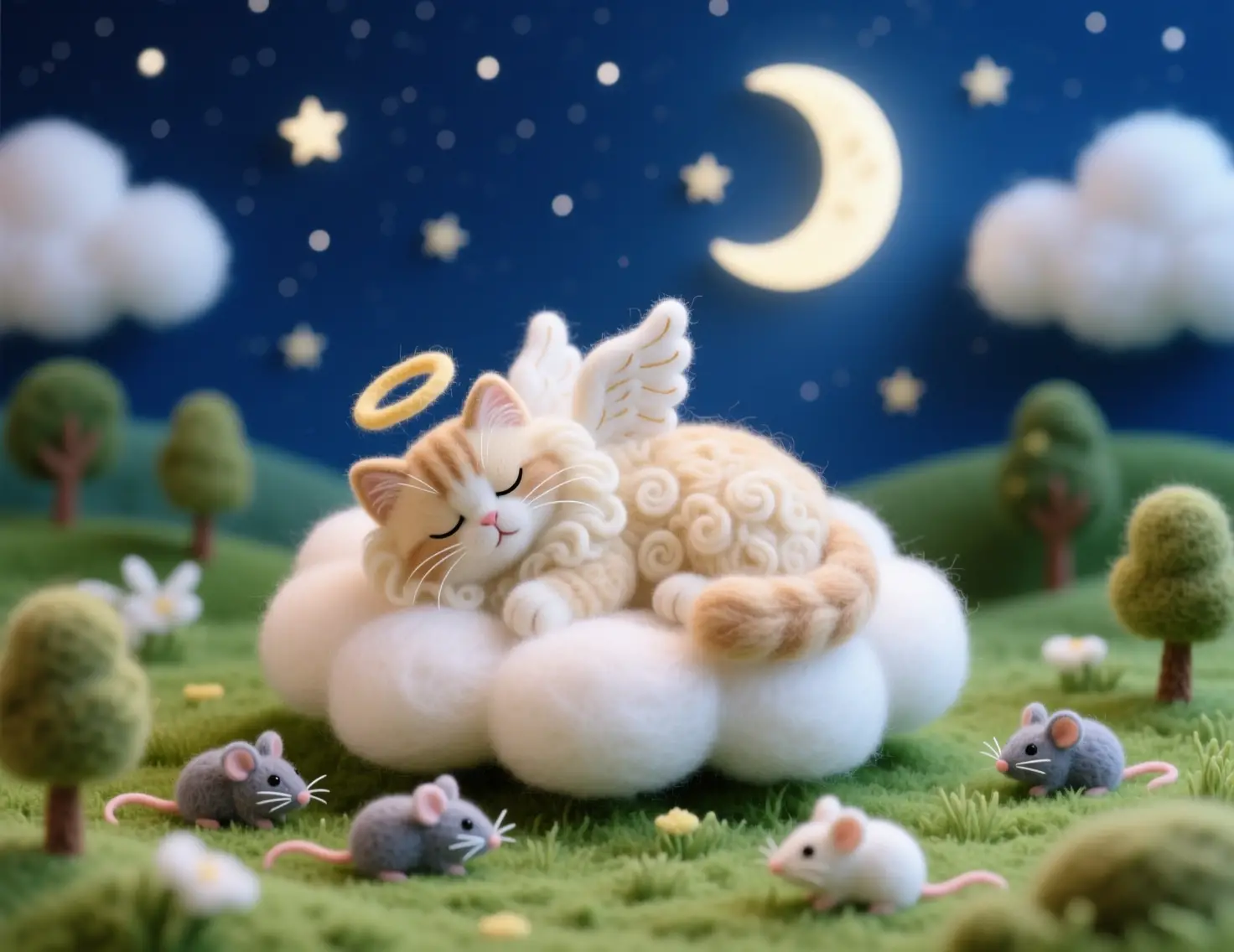 Gato ángel afieltrado durmiendo en una nube de noche