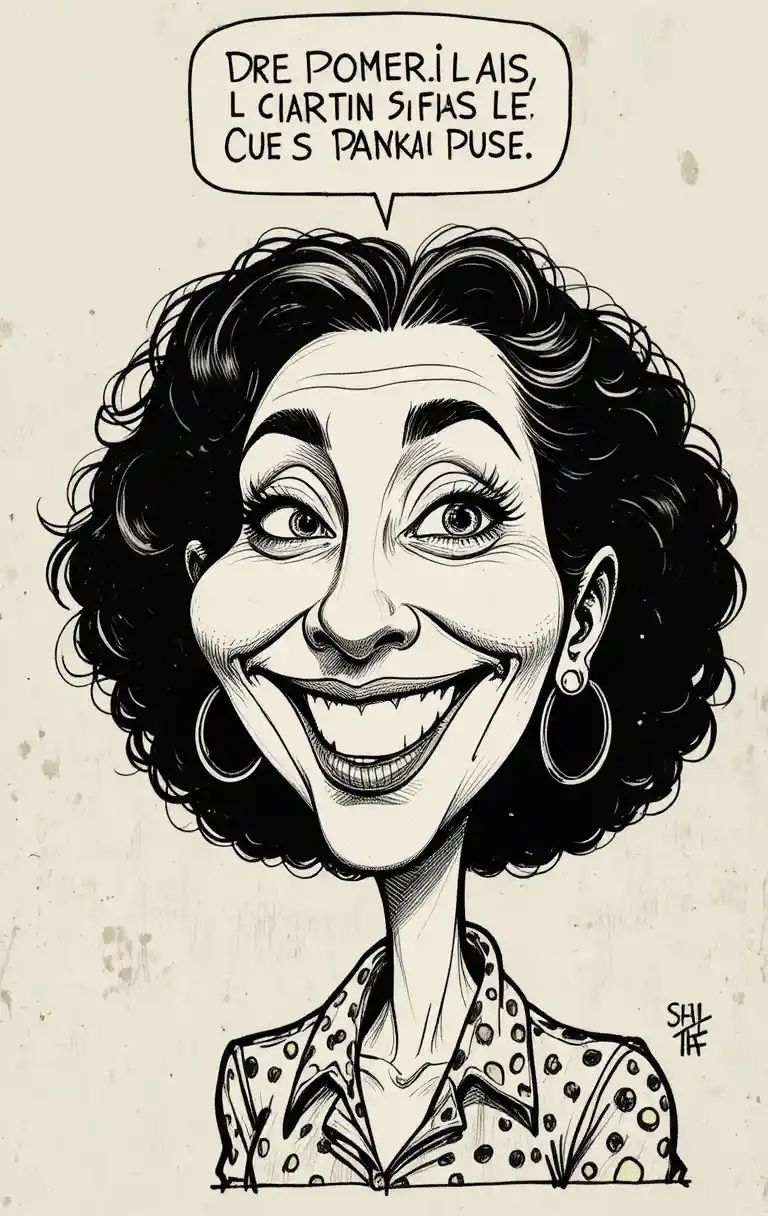 Caricatura humorística de una mujer con el pelo rizado y aros