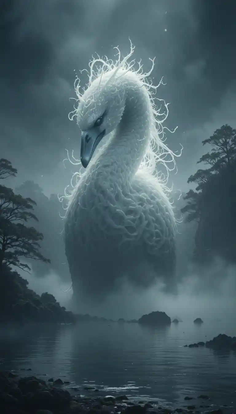 Cisne fantasmal elevándose entre la niebla sobre un lago encantado