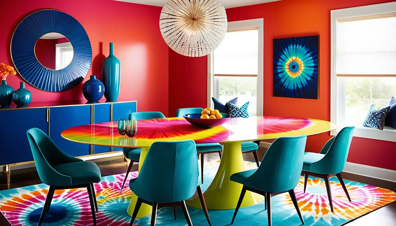 Comedor psicodélico y colorido con una atrevida decoración retro