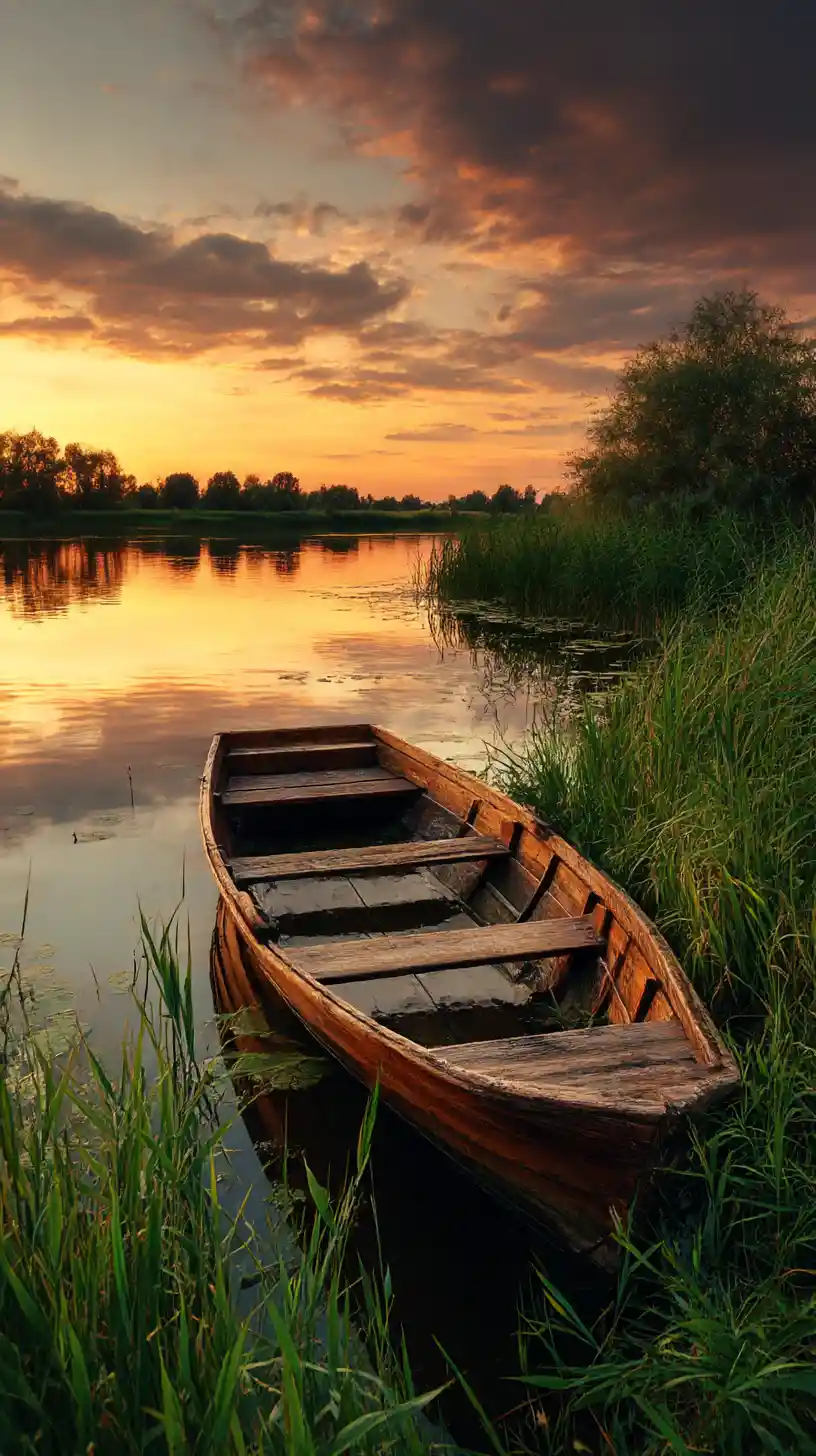 Barca de madera en un río tranquilo al atardecer