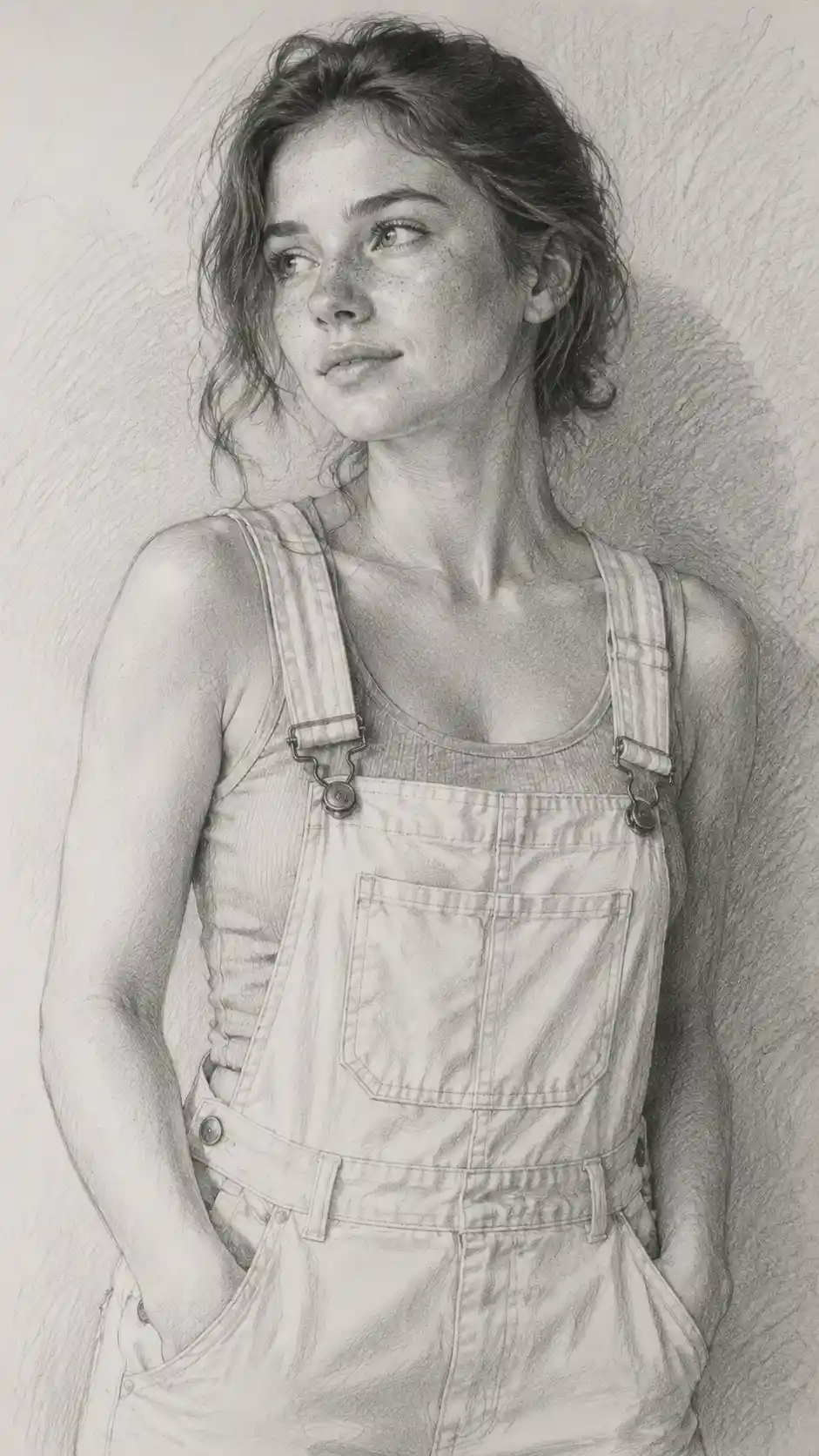 Retrato a grafito de una mujer joven con mono amarillo