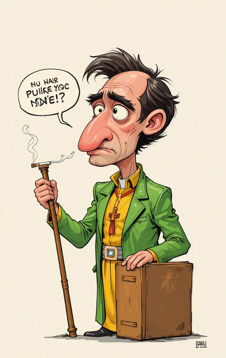 Obispo de caricatura frustrado agarrando el báculo con bocadillo de diálogo