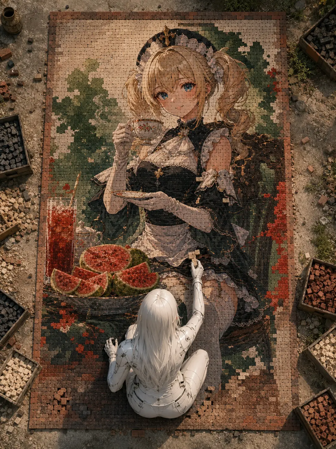 Artista colocando el último ladrillo en un mosaico de retrato visto desde arriba