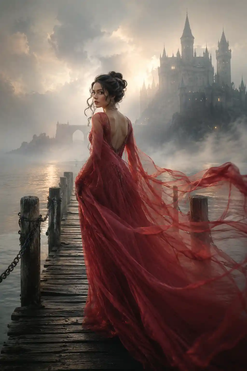 Mujer mística con vestido rojo en un muelle brumoso