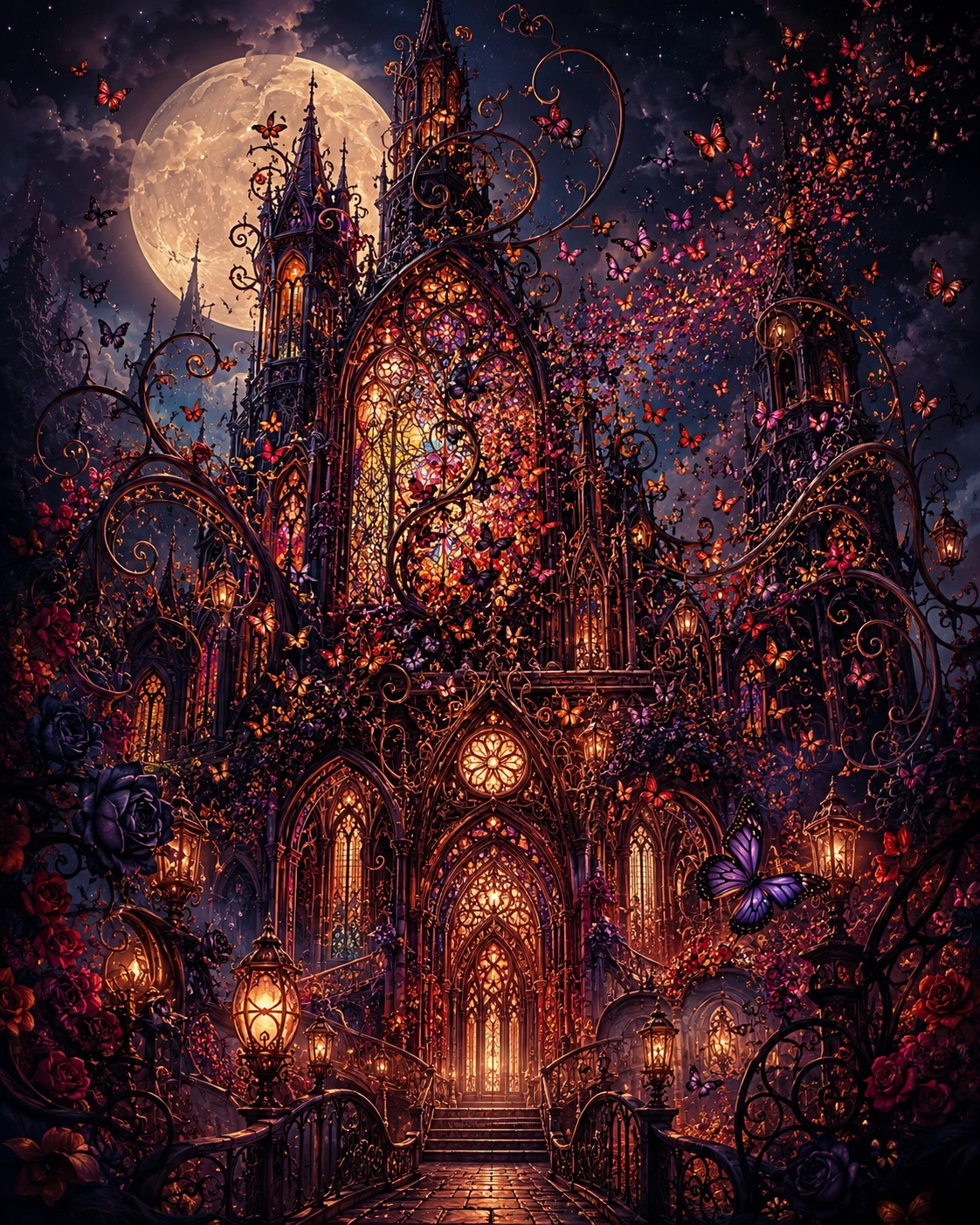 Gothic cathedral of butterflies under luminous moonlight