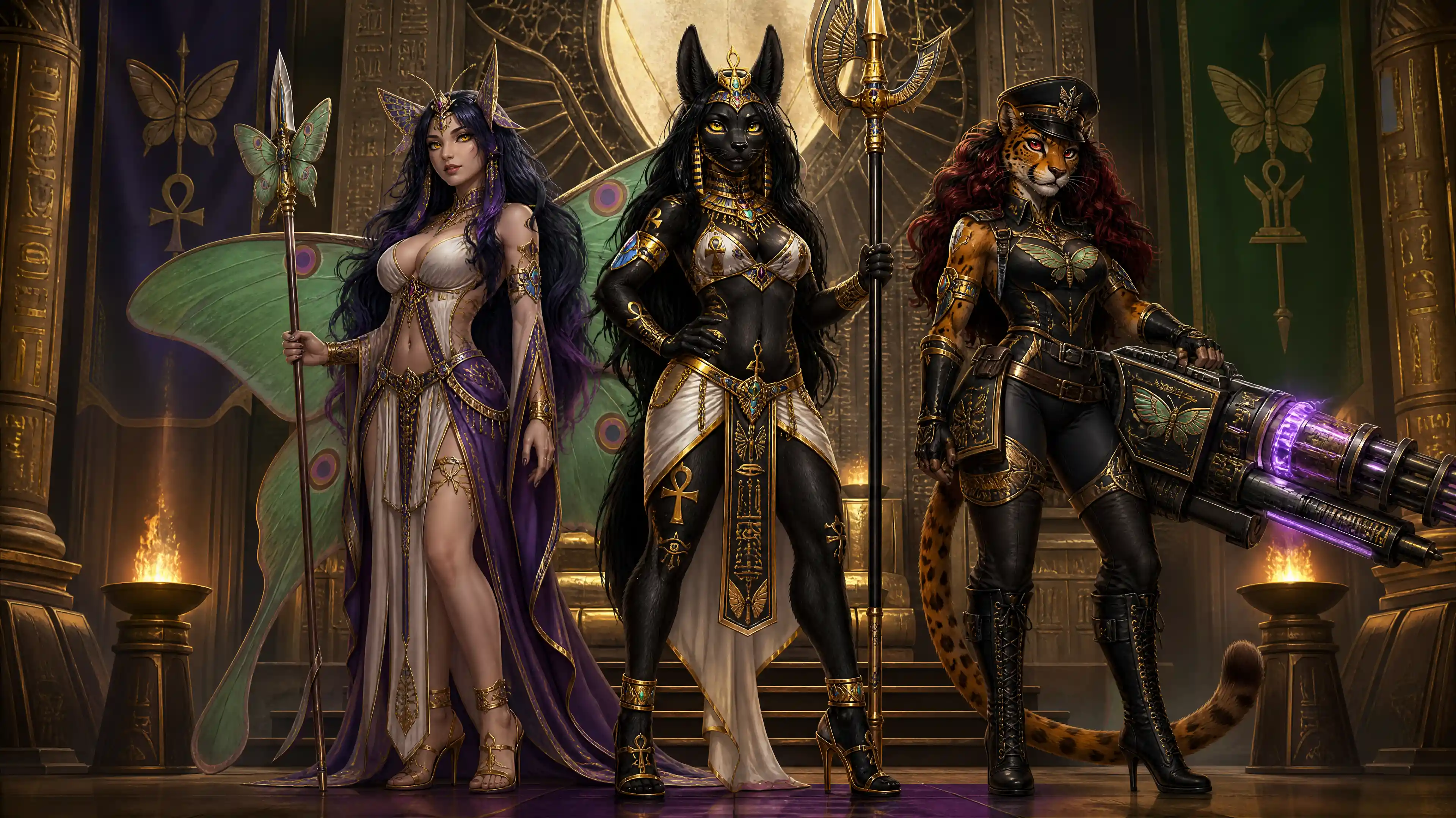 Reina chacal egipcia con regalia real de fantasía