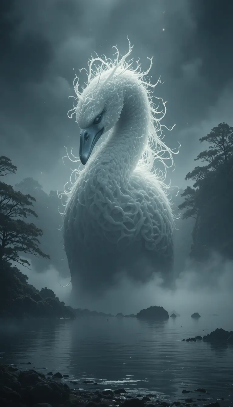 Cisne fantasmal elevándose entre la niebla sobre un lago encantado