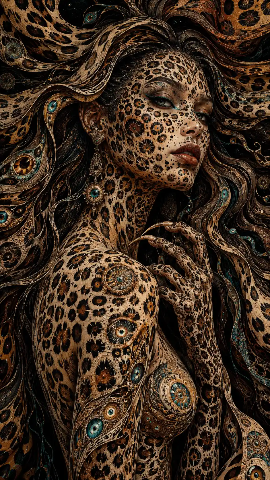 Surreal woman with leopard rosettes beneath translucent skin