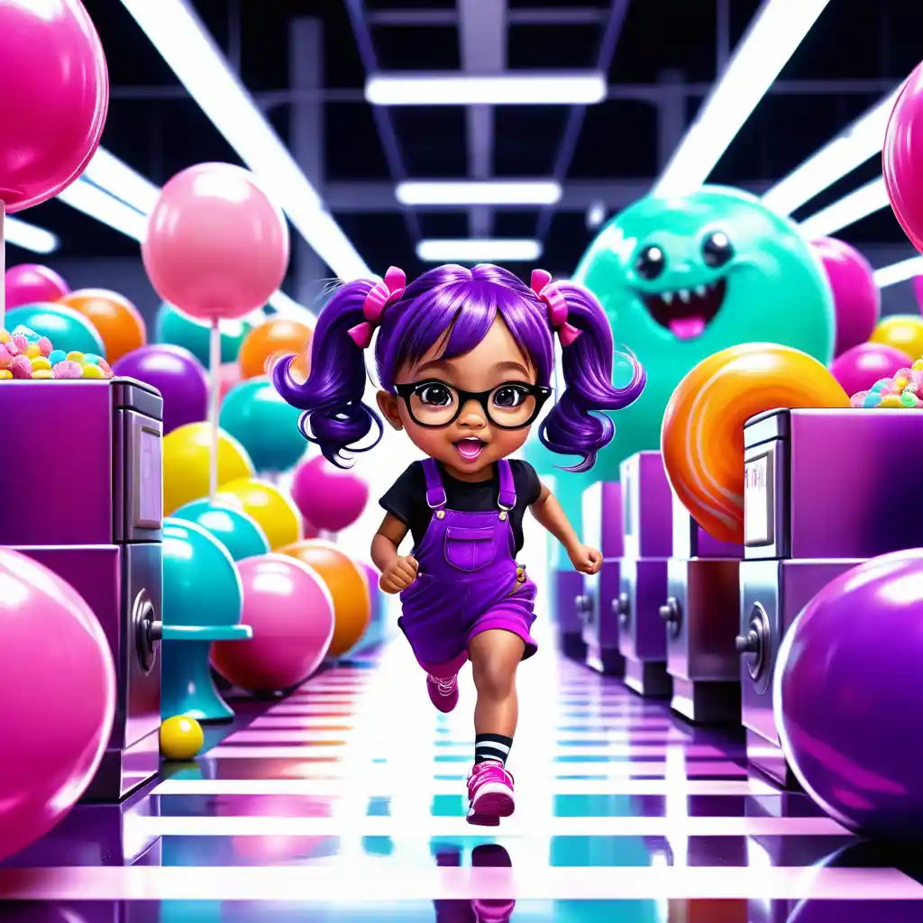 Niña chibi corriendo en una mágica persecución en la fábrica de dulces