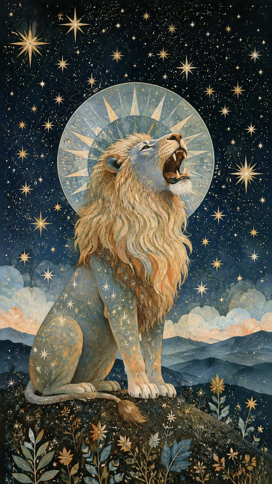 León rugiendo que contempla un cielo estrellado en arte folclórico