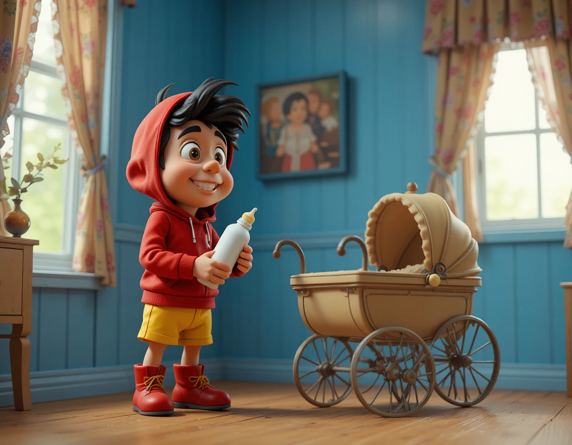 Niño de plastilina con biberón junto a cochecito vintage