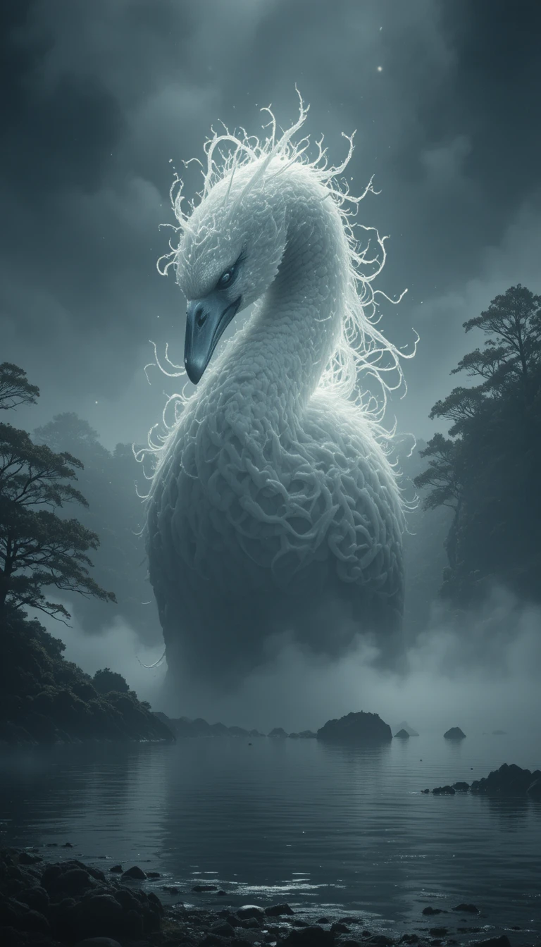 Cisne fantasmal elevándose entre la niebla sobre un lago encantado
