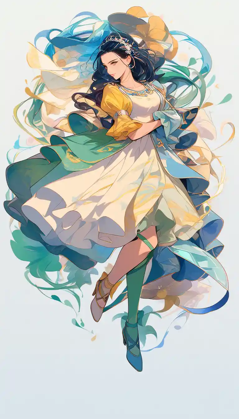 Mujer atlética con vestido azul, verde y teal sobre fondo abstracto