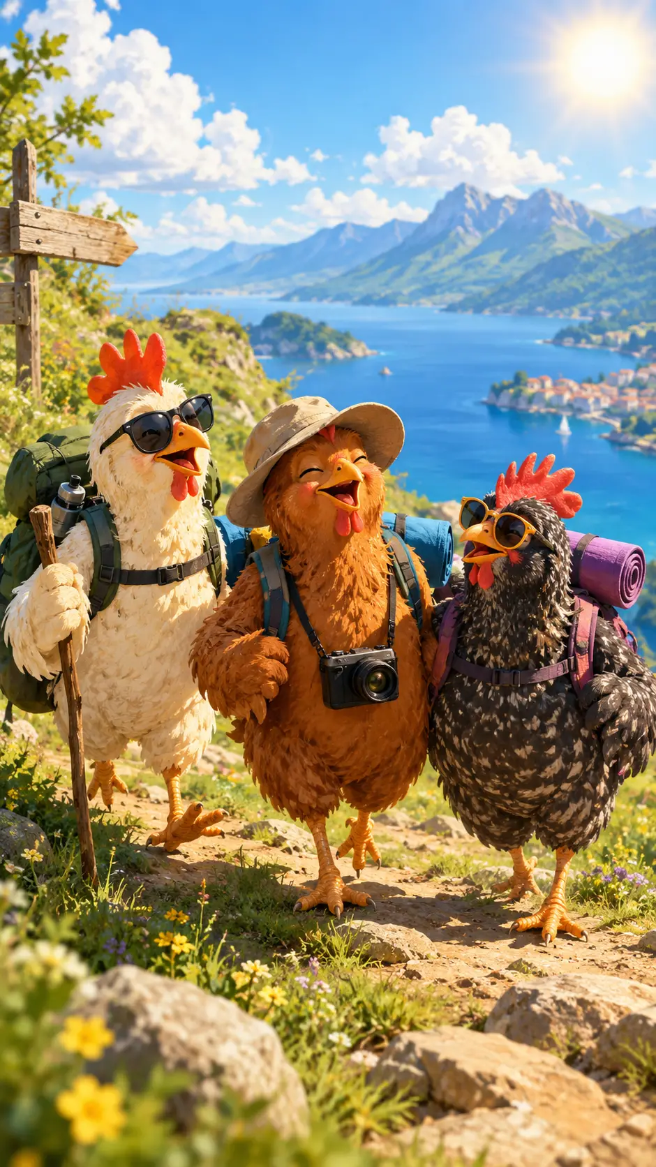 Tres gallinas alegres en una excursión en un día soleado
